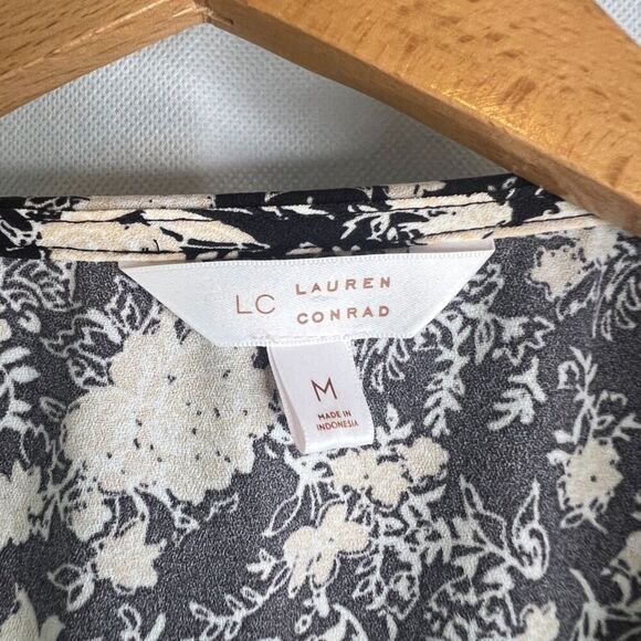 LC Lauren Conrad Black Floral 3/4 Sleeve Fit & Flare Ruffled Skirt Dress Sz MD - Picture 9 of 12